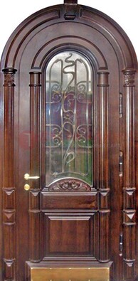 Арочная металлическая дверь массив со стеклом и ковкой ДА-50 в Саранске