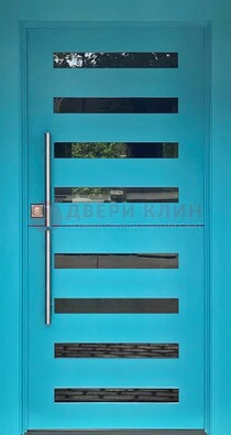 Голубая уличная дверь с МДФ панелью и стеклом ДС-51 в Саранске