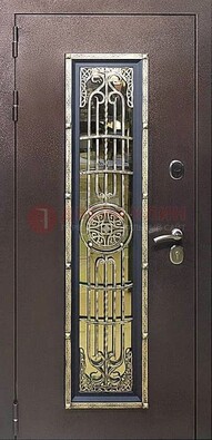Железная дверь цвета медный антик со стеклом и ковкой ДСК-105 в Саранске