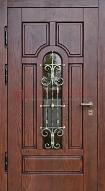 Cтальная дверь со стеклом и ковкой в коричневом цвете ДСК-119 в Саранске