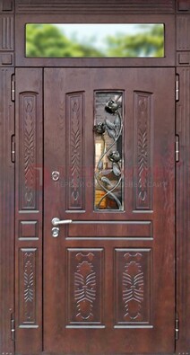 Коричневая железная дверь со стеклом и ковкой на улицу ДСК-127 в Саранске