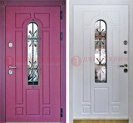 Розовая металлическая дверь со стеклом и ковкой ДСК-151 в Саранске