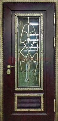 Темная уличная дверь порошок со стеклом и ковкой ДСК-167 в Саранске