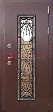 Коричневая стальная дверь порошок со стеклом и ковкой для дома ДСК-169 в Саранске