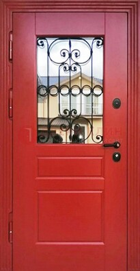 Красная железная дверь Винорит со стеклом и ковкой ДСК-205 в Саранске