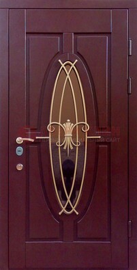 Бордовая стальная дверь Винорит со стеклом и ковкой ДСК-263 в Саранске