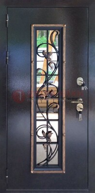 Железная дверь с порошковым напылением стеклом и ковкой ДСК-279 в Саранске