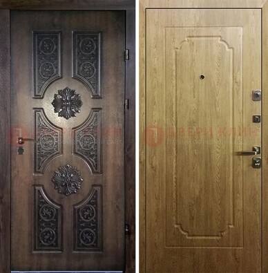 Железная коричневая дверь с виноритом и терморазрывом Золотой дуб внутри ДВТ-101 в Саранске