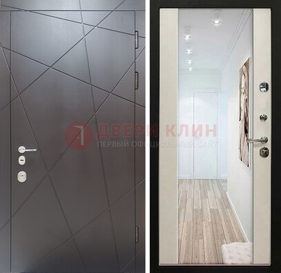 Железная коричневая дверь со светлой МДФ внутри и зеркалом ДЗ-125 в Саранске
