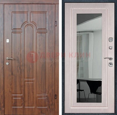 Входная коричневая дверь с МДФ Белый дуб и зеркалом ДЗ-126 в Саранске