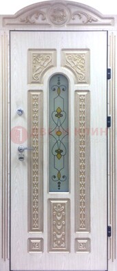 Белая железная дверь с МДФ и витражом ВЖ-26 в Саранске