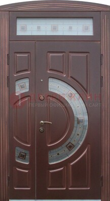 Коричневая двухстворчатая железная дверь с МДФ и витражом ВЖ-29 в Саранске
